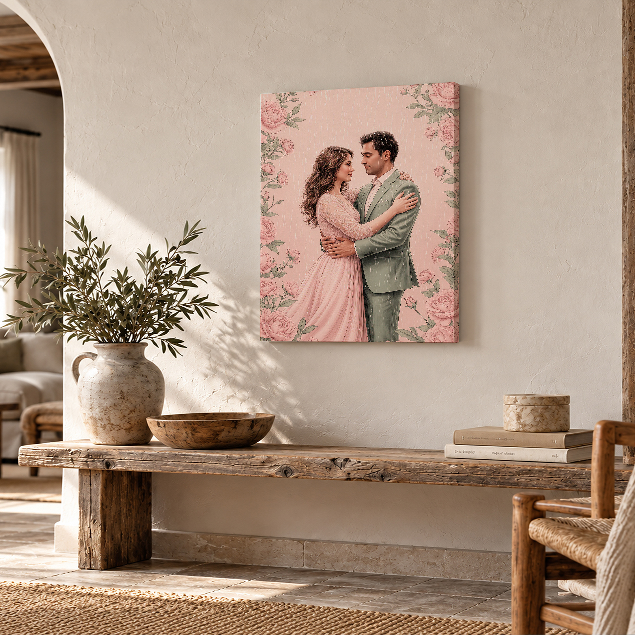 Romantic Rainy Rose Couple Framed Canvas Wall Art | Ready to Hang - Image 2