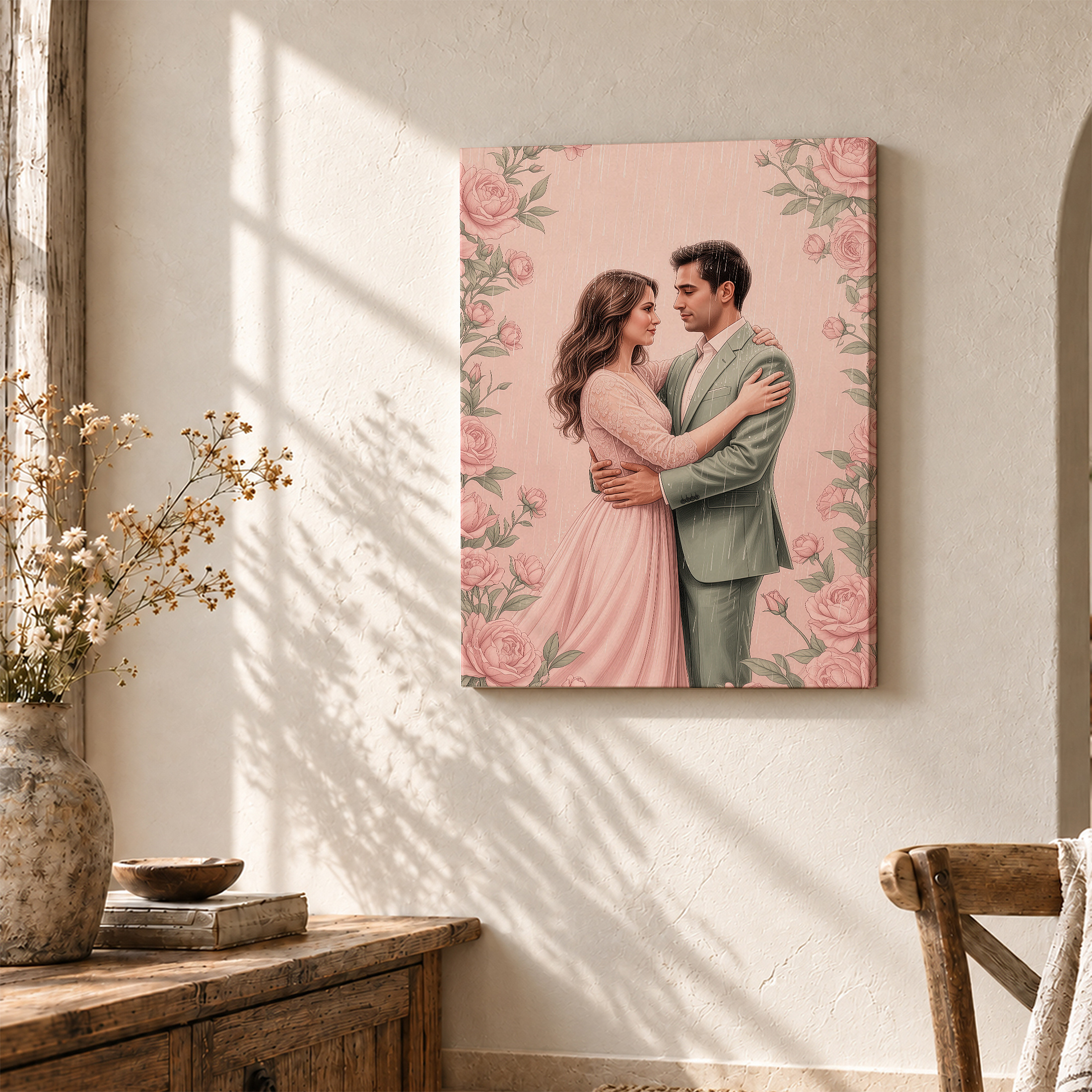 Romantic Rainy Rose Couple Framed Canvas Wall Art | Ready to Hang - Image 3