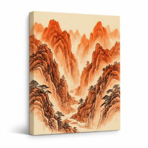 Red Mountain Chinese Ink Wash Framed Canvas Wall Art