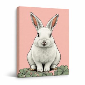 Cute White Rabbit with Clover Framed Canvas Wall Art - Ready to Hang