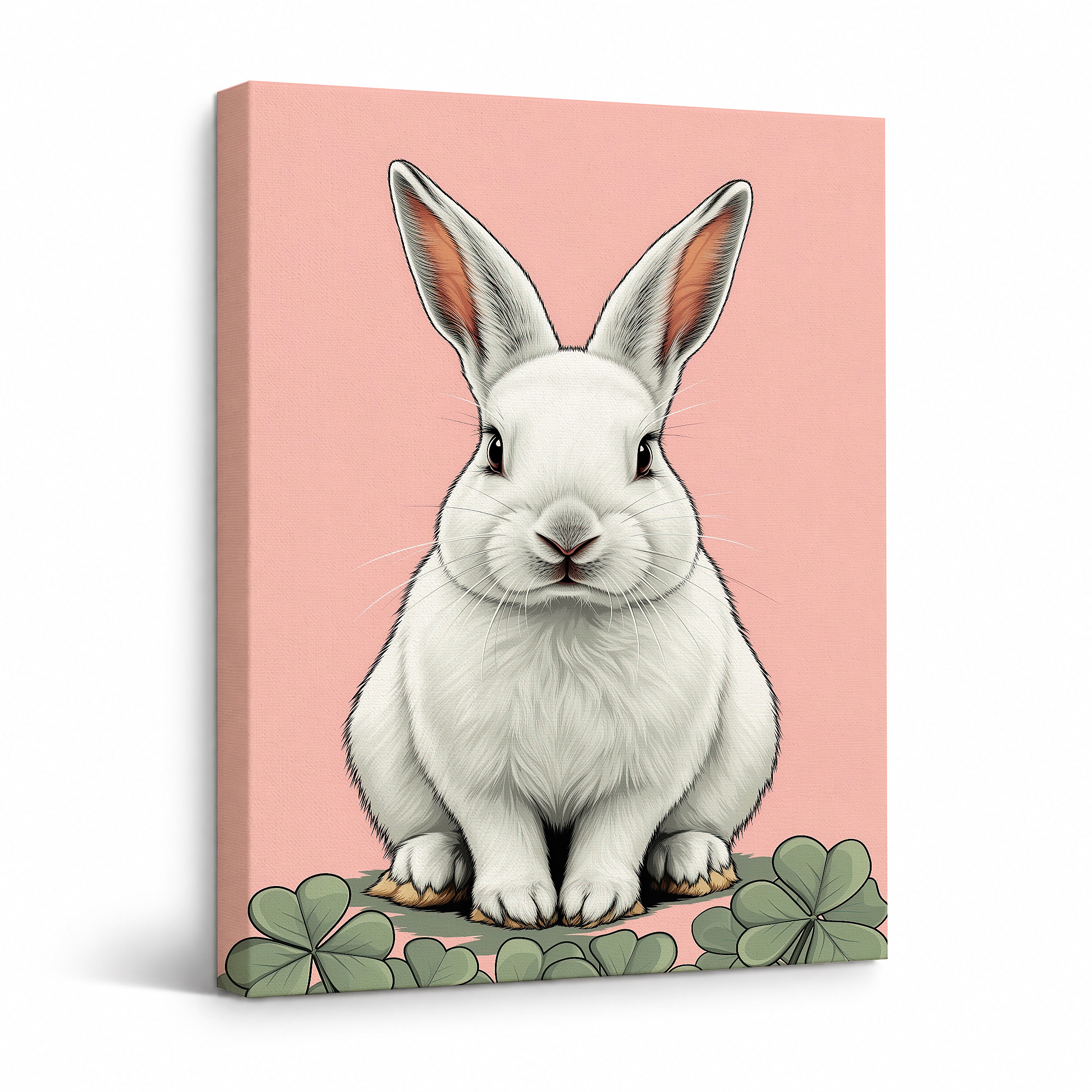 Cute White Rabbit with Clover Framed Canvas Wall Art - Ready to Hang