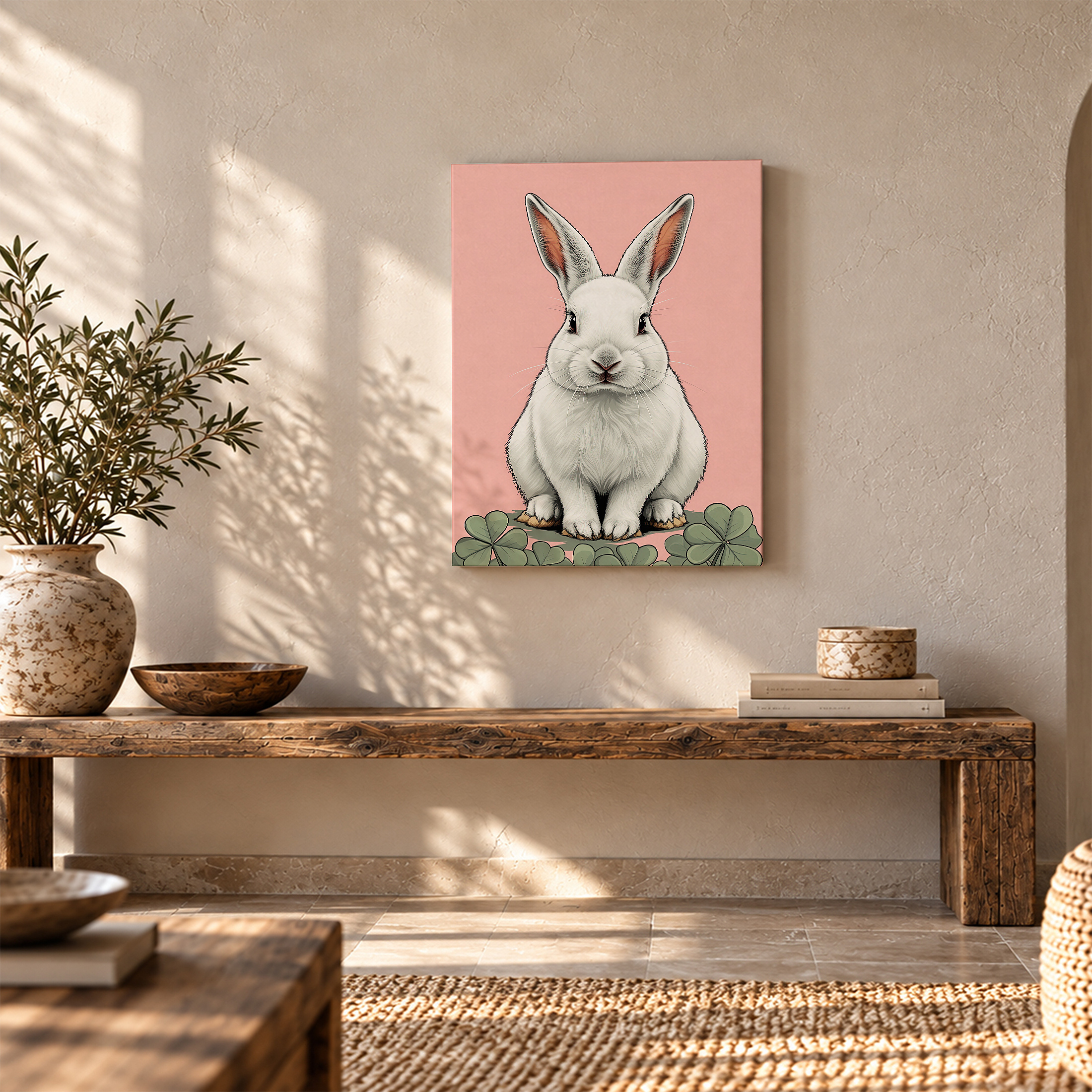 Cute White Rabbit with Clover Framed Canvas Wall Art - Ready to Hang - Image 5
