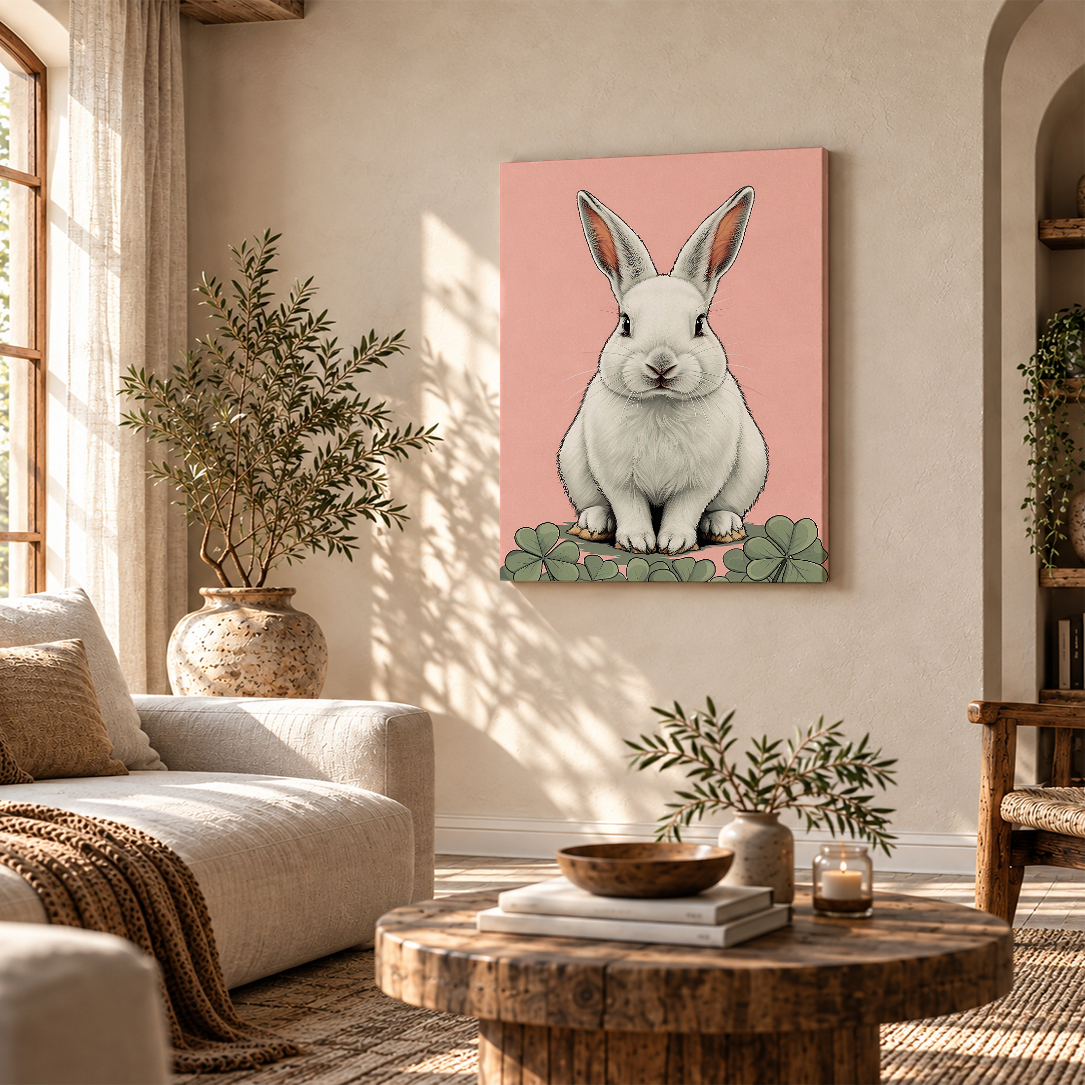 Cute White Rabbit with Clover Framed Canvas Wall Art - Ready to Hang - Image 4