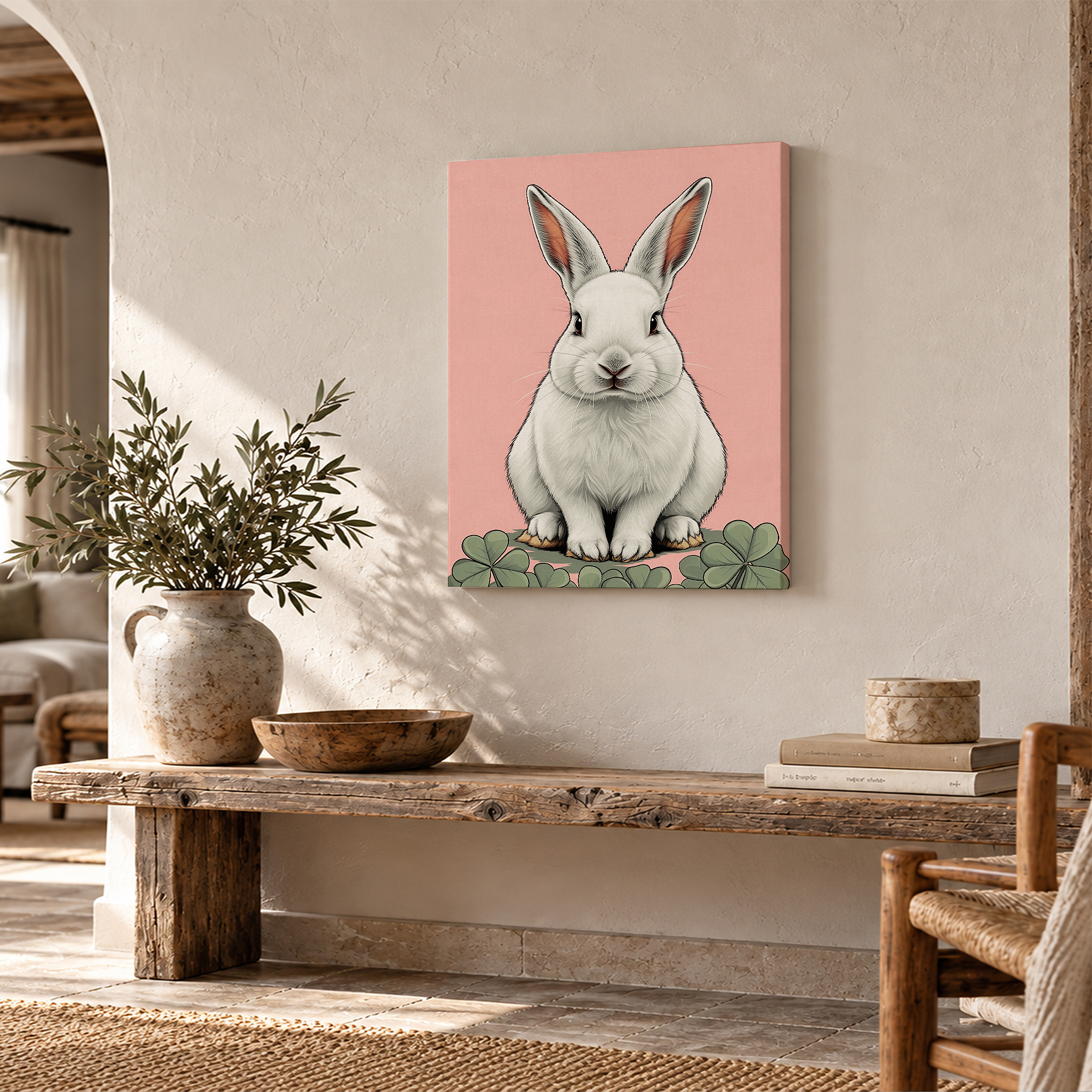 Cute White Rabbit with Clover Framed Canvas Wall Art - Ready to Hang - Image 2