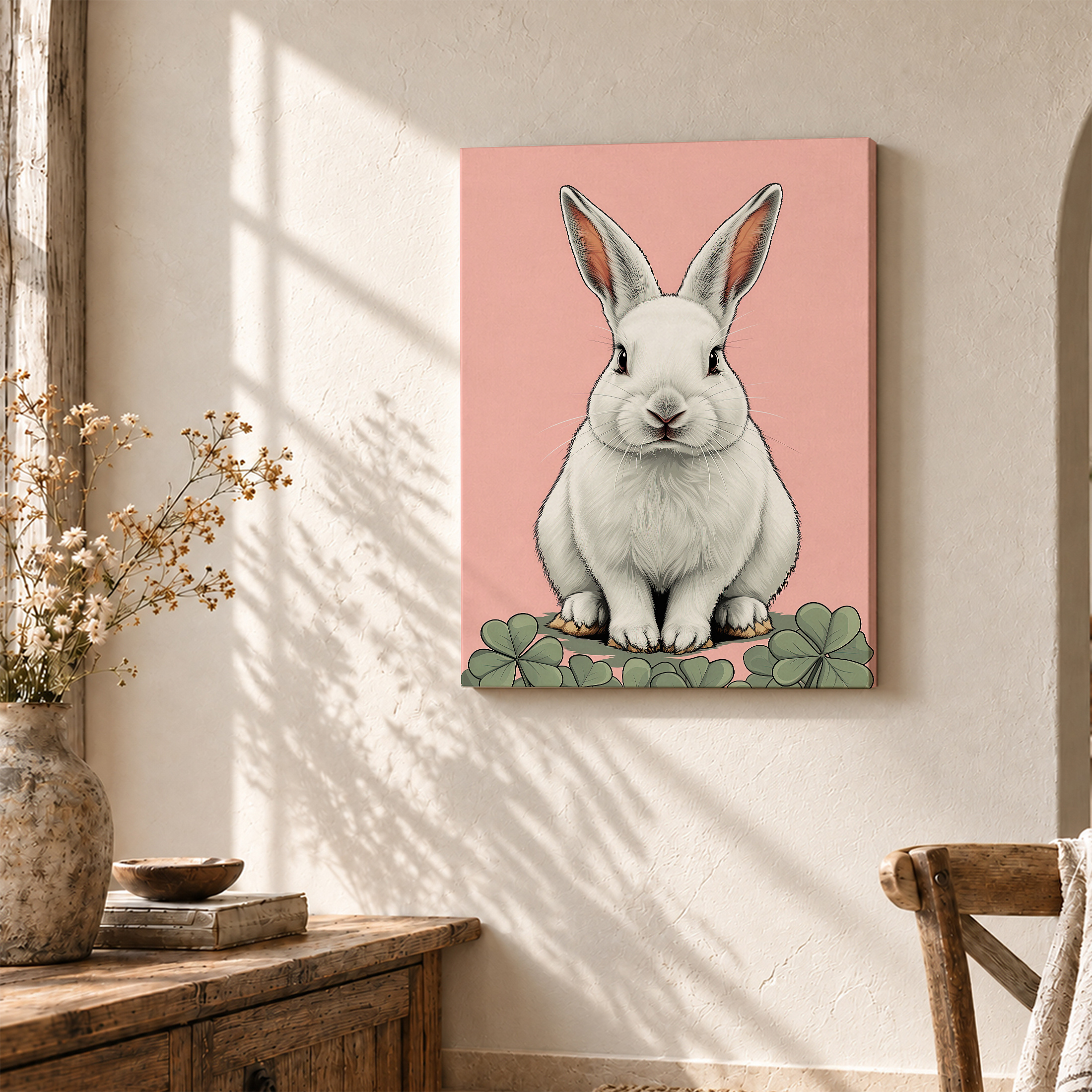 Cute White Rabbit with Clover Framed Canvas Wall Art - Ready to Hang - Image 3