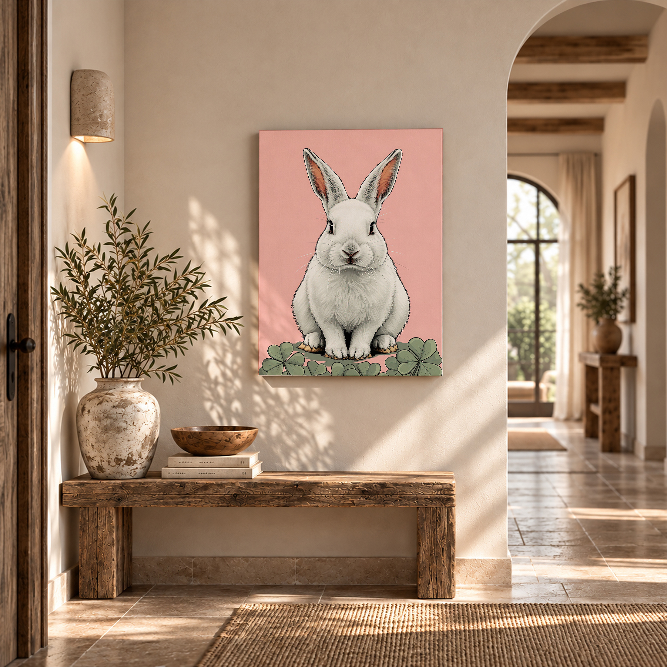 Cute White Rabbit with Clover Framed Canvas Wall Art - Ready to Hang - Image 6