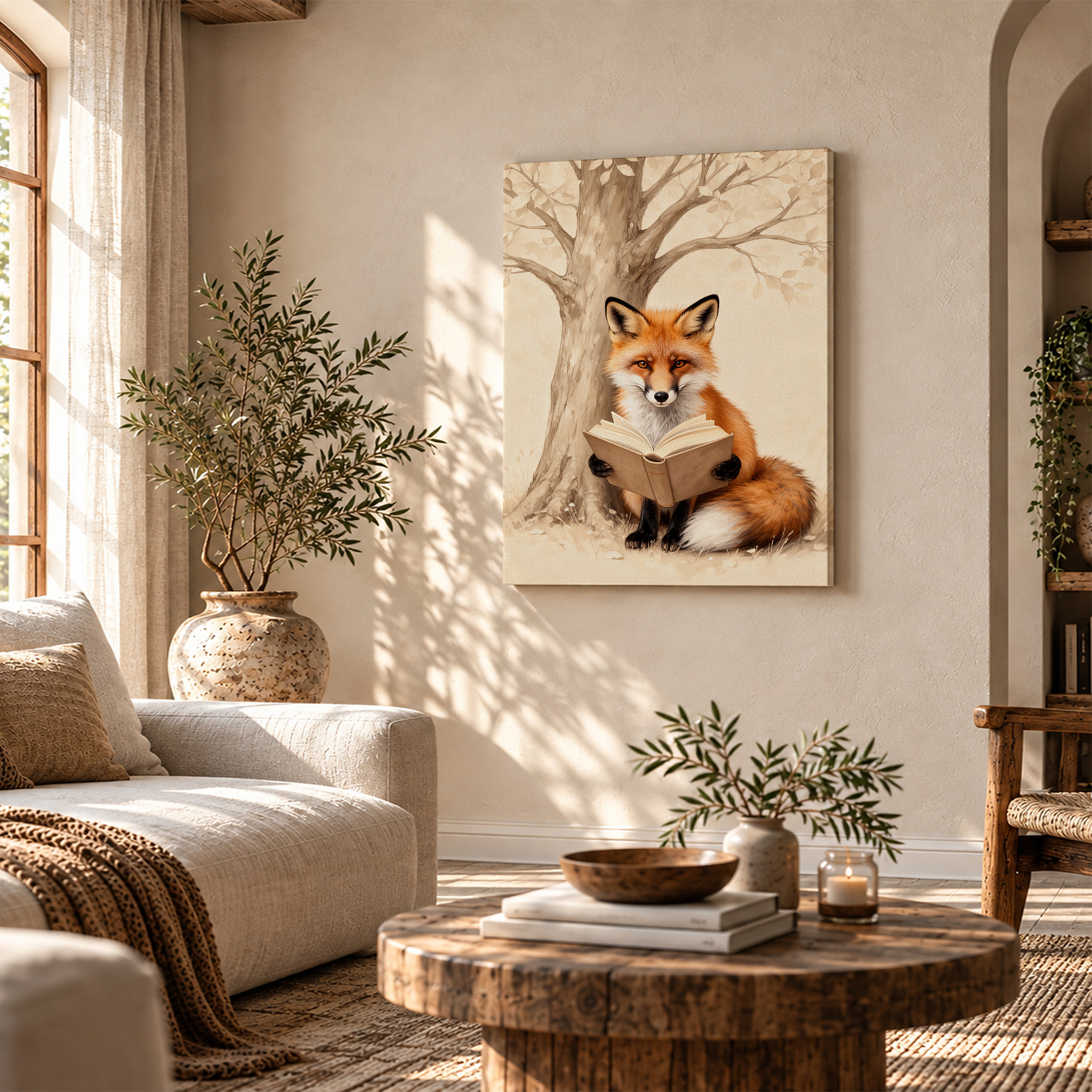 Fox Reading Book Under Tree Framed Canvas Wall Art - Image 4