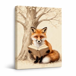Fox Reading Book Under Tree Framed Canvas Wall Art
