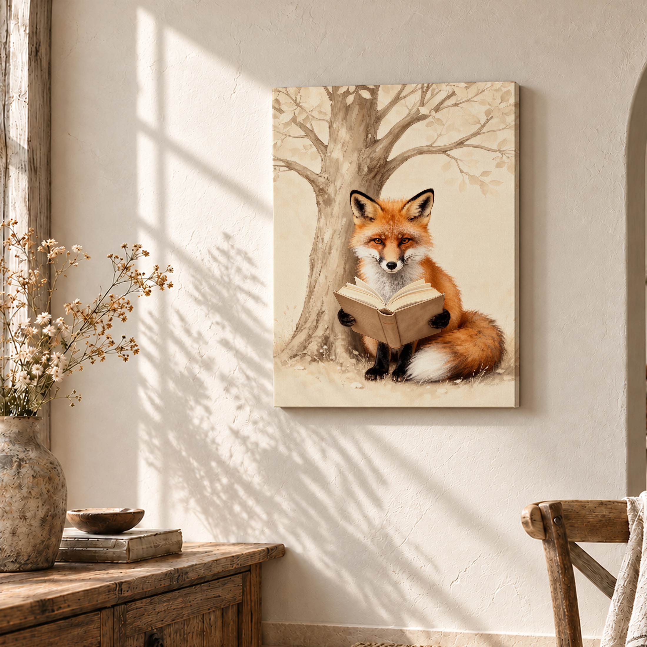 Fox Reading Book Under Tree Framed Canvas Wall Art - Image 3