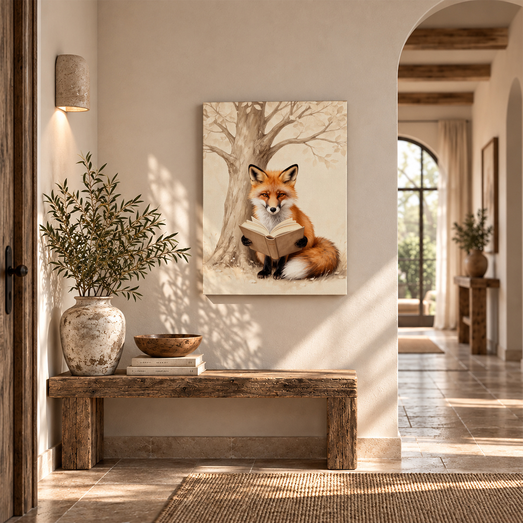 Fox Reading Book Under Tree Framed Canvas Wall Art - Image 6