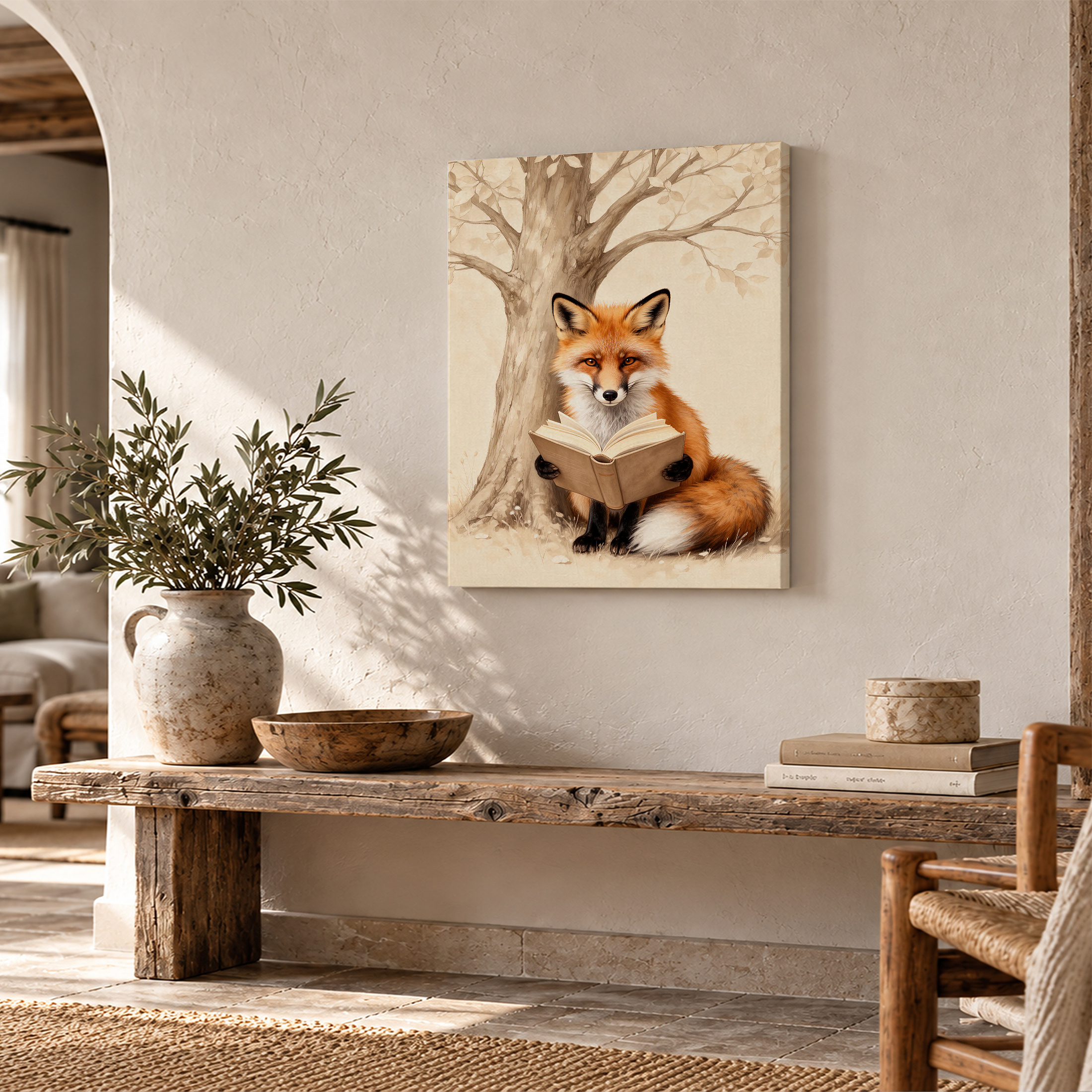 Fox Reading Book Under Tree Framed Canvas Wall Art - Image 2