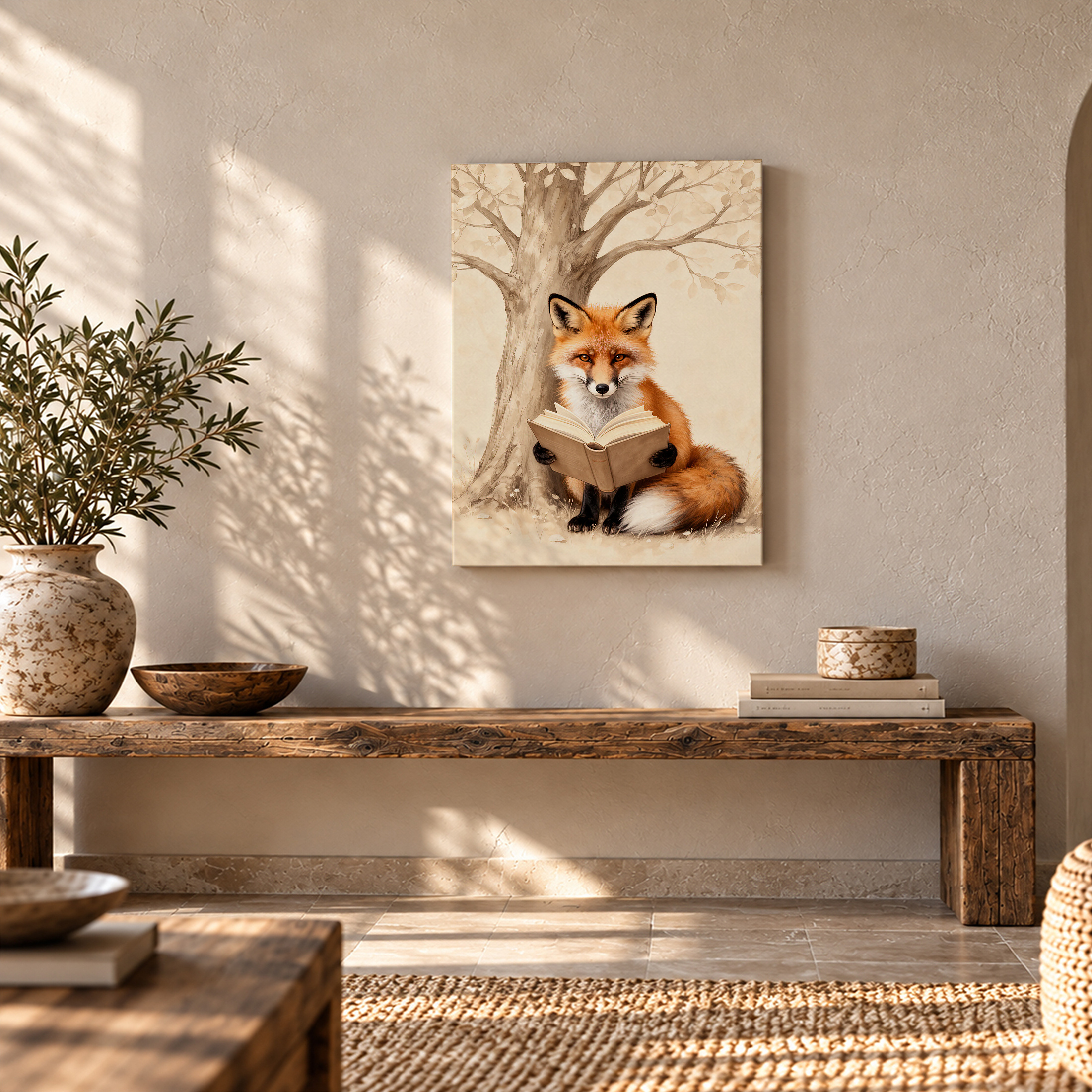 Fox Reading Book Under Tree Framed Canvas Wall Art - Image 5