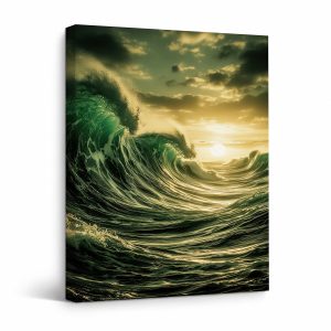 Dramatic Ocean Wave Sunset Framed Canvas Wall Art Ready to Hang