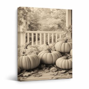 Vintage Autumn Pumpkins Porch Framed Canvas Wall Art Ready to Hang