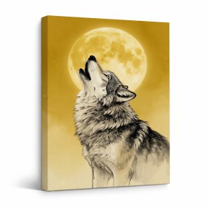 Golden Moon Wolf Howling Framed Canvas Wall Art - Ready to Hang