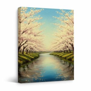 Cherry Blossom River Scene Framed Canvas Wall Art - Ready to Hang