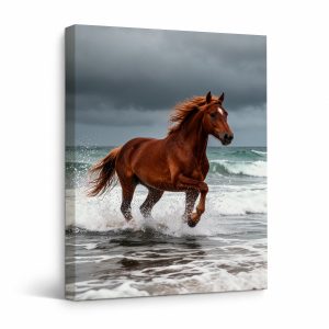 Chestnut Horse Beach Run Framed Canvas Wall Art - Ready to Hang