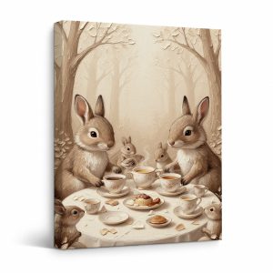 Whimsical Forest Tea Party Rabbits Framed Canvas Wall Art