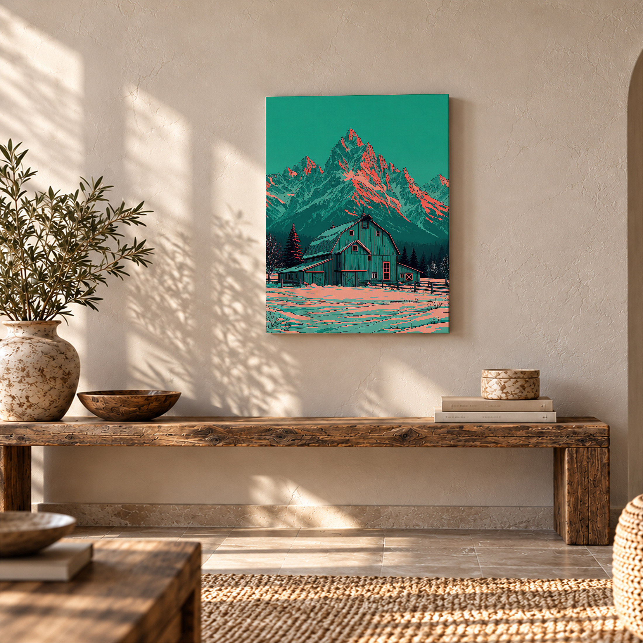 Teal Mountain Barn Winter Scene Framed Canvas Wall Art - Image 5