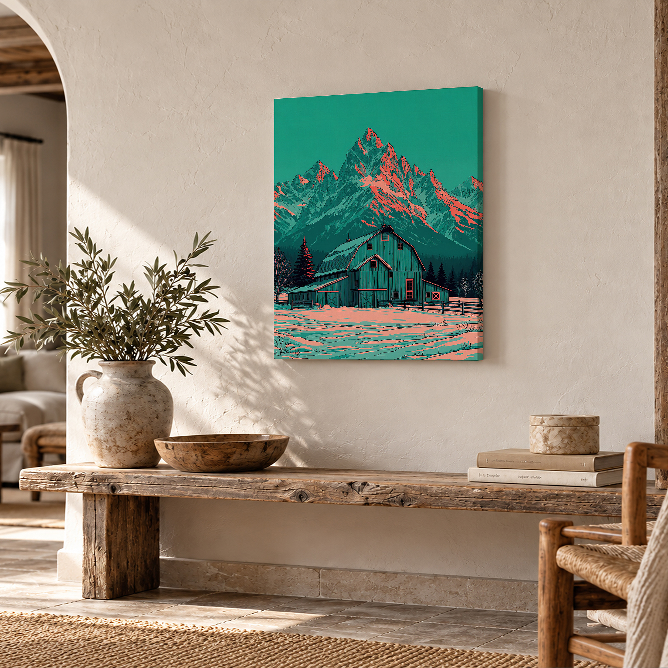 Teal Mountain Barn Winter Scene Framed Canvas Wall Art - Image 2