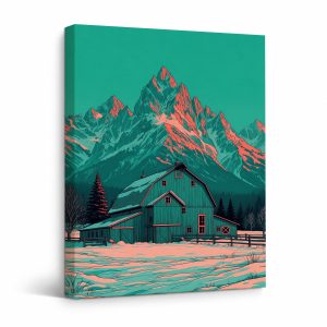 Teal Mountain Barn Winter Scene Framed Canvas Wall Art