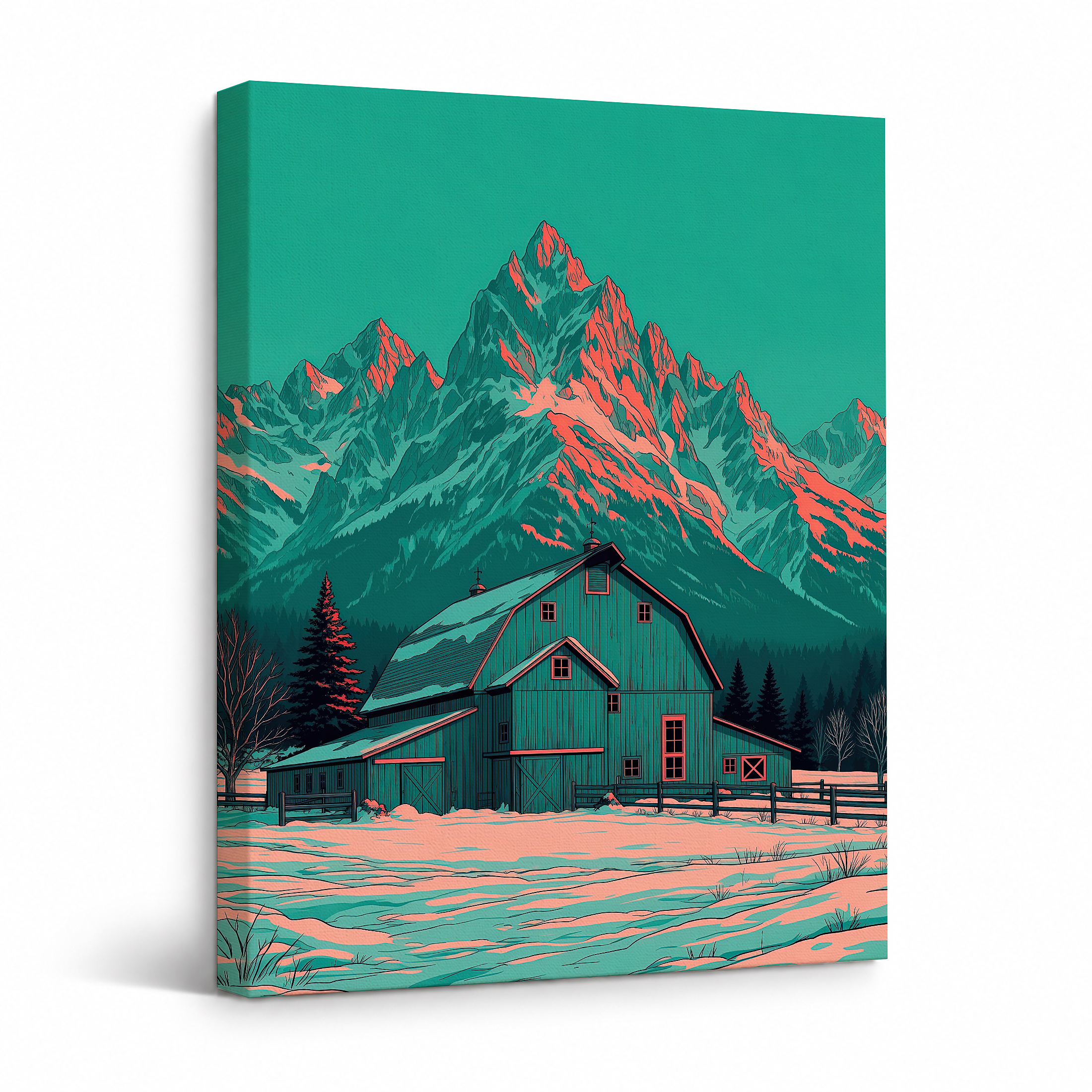 Teal Mountain Barn Winter Scene Framed Canvas Wall Art