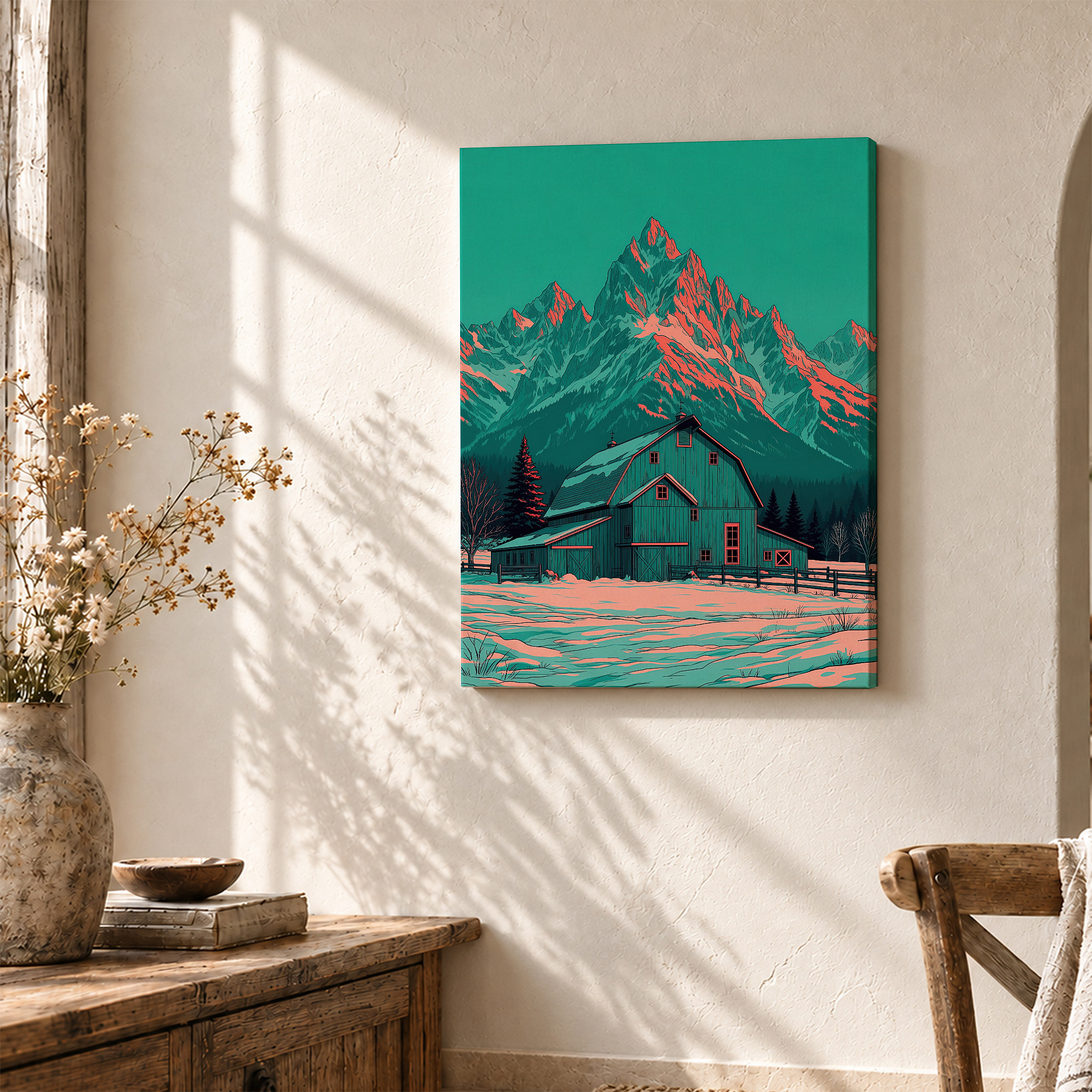 Teal Mountain Barn Winter Scene Framed Canvas Wall Art - Image 3