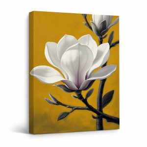 Magnolia Blossom on Mustard Yellow Background Framed Canvas Wall Art