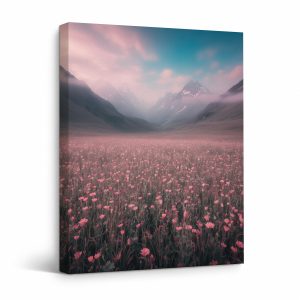 Pink Flower Meadow Mountain Landscape Framed Canvas Wall Art