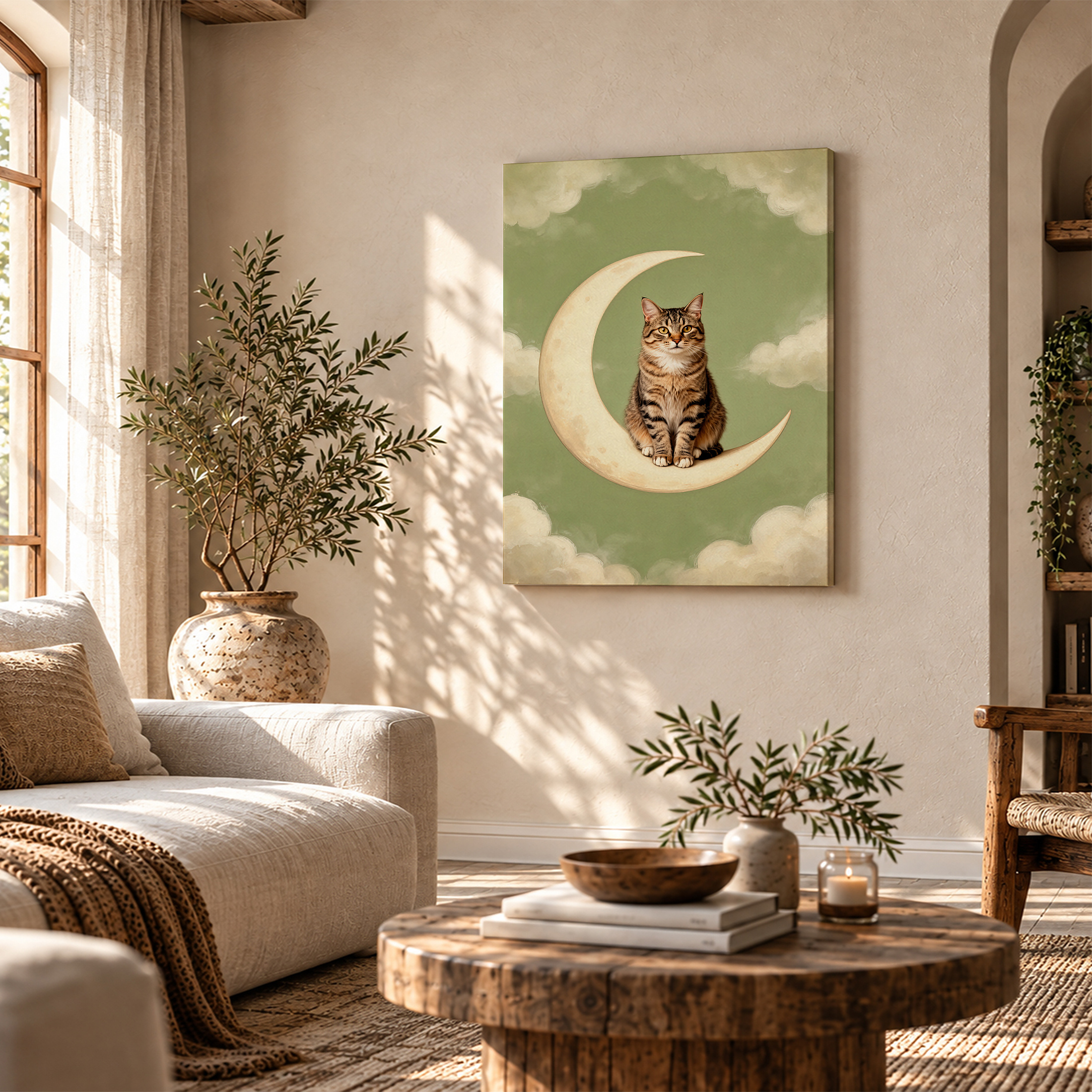 Cat on Crescent Moon Framed Canvas Wall Art - Image 4