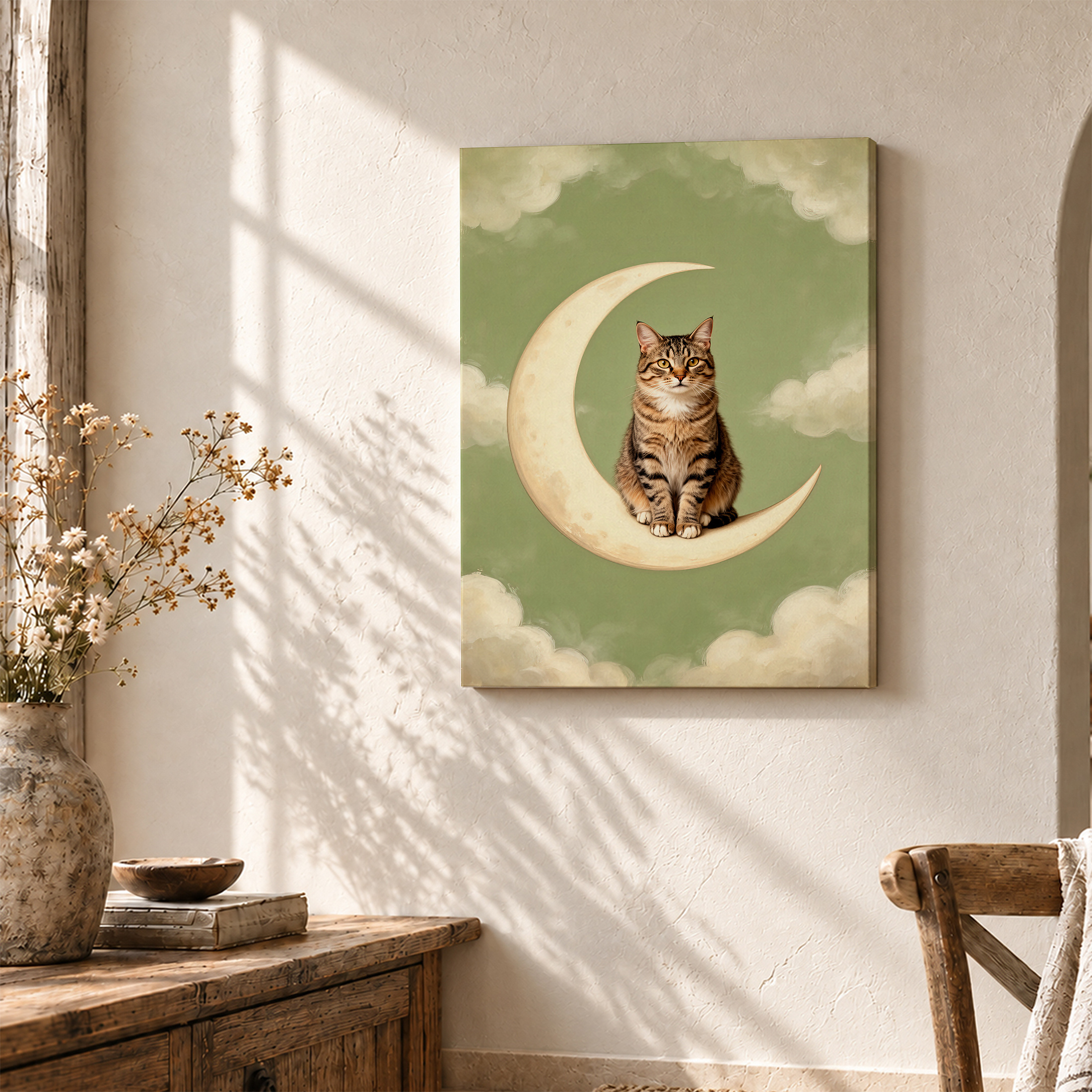 Cat on Crescent Moon Framed Canvas Wall Art - Image 3