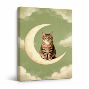 Cat on Crescent Moon Framed Canvas Wall Art