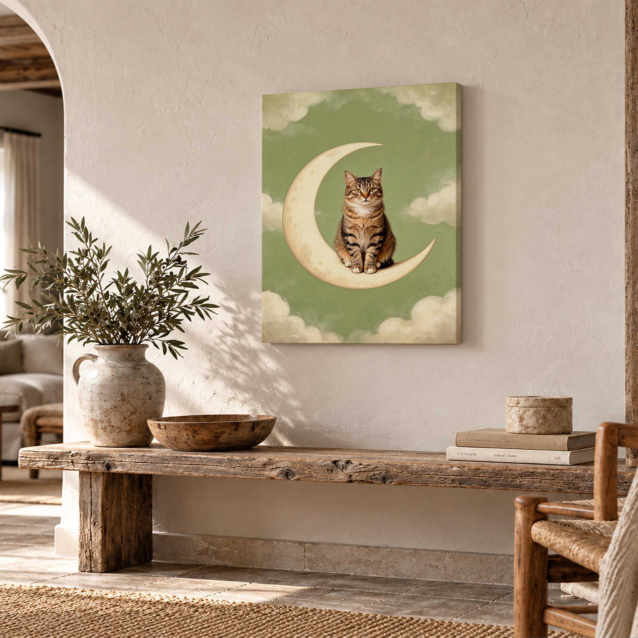 Cat on Crescent Moon Framed Canvas Wall Art - Image 2