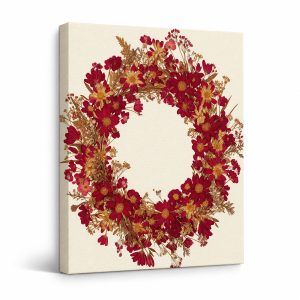 Red & Gold Floral Wreath Framed Canvas Wall Art | Ready to Hang