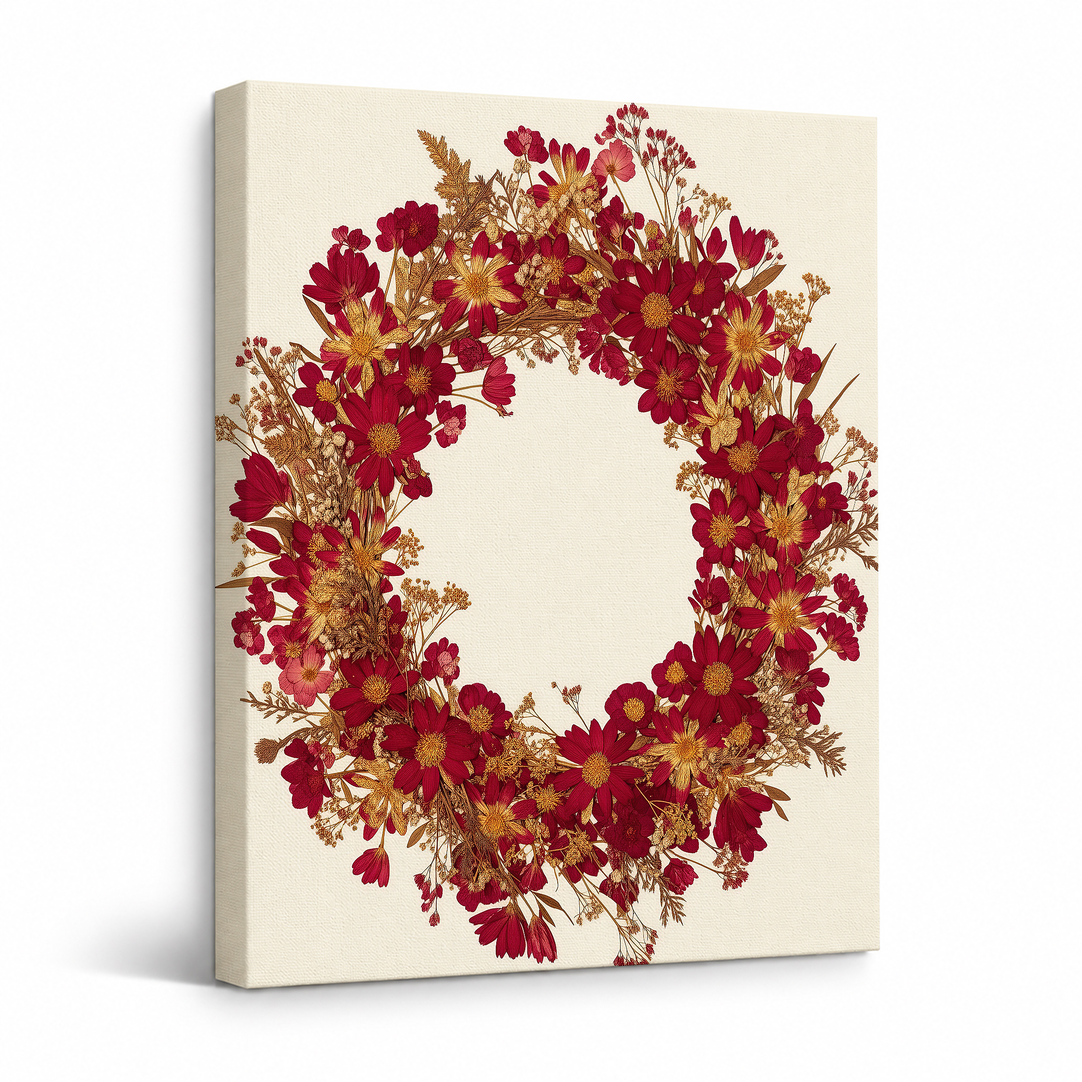 Red & Gold Floral Wreath Framed Canvas Wall Art | Ready to Hang
