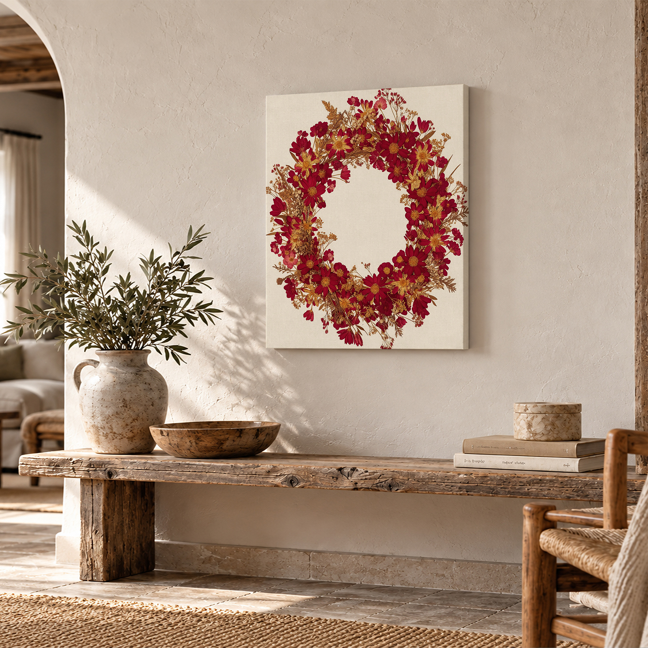 Red & Gold Floral Wreath Framed Canvas Wall Art | Ready to Hang - Image 2