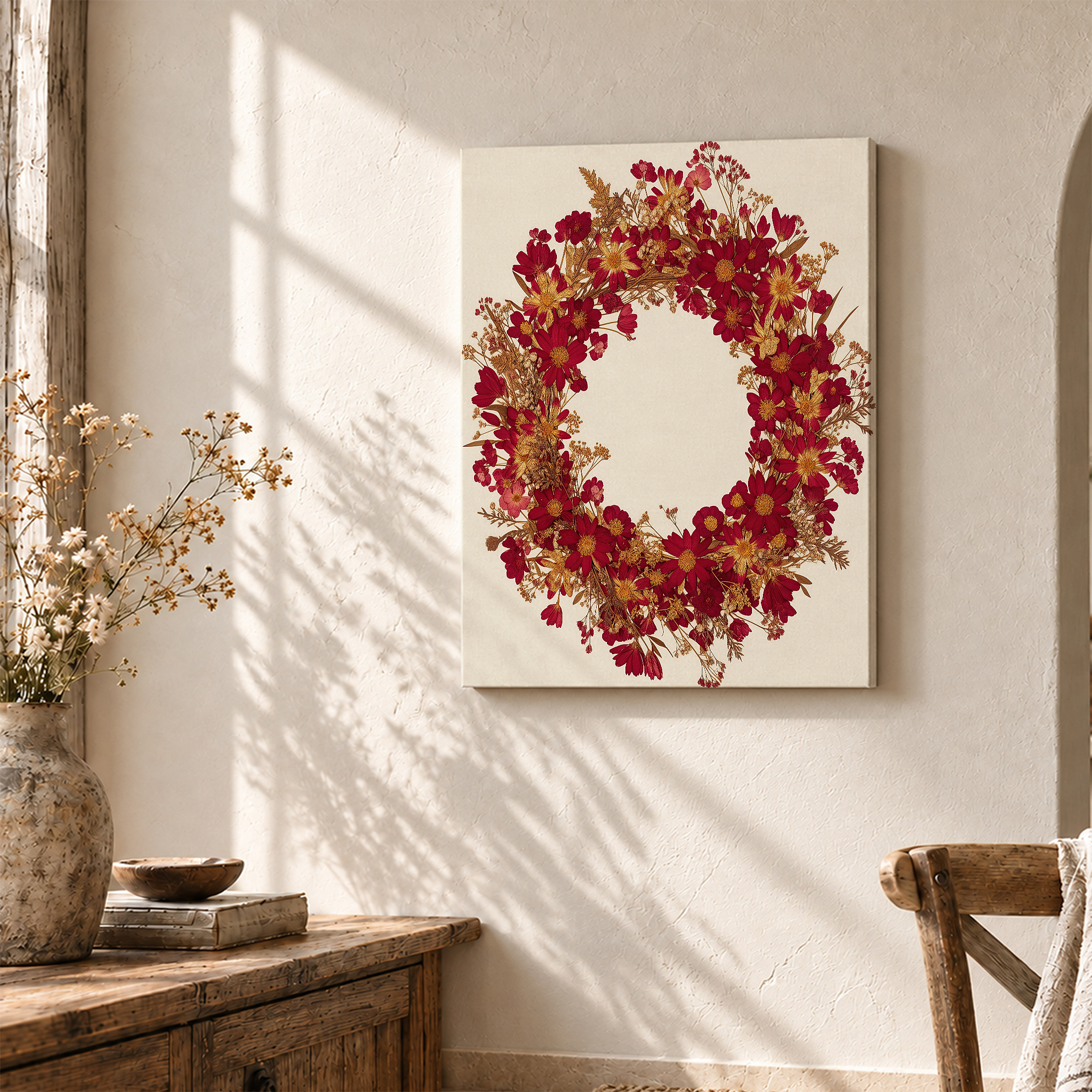 Red & Gold Floral Wreath Framed Canvas Wall Art | Ready to Hang - Image 3