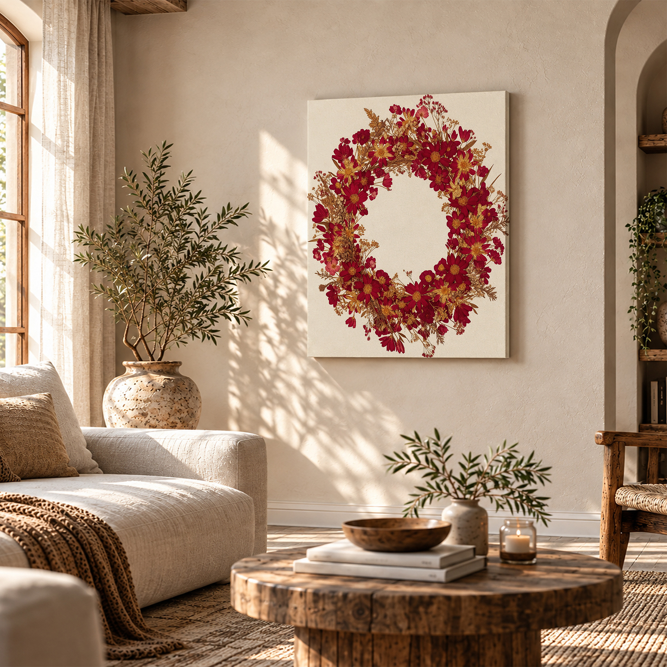 Red & Gold Floral Wreath Framed Canvas Wall Art | Ready to Hang - Image 4