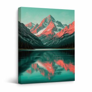 Pink Mountain Lake Reflection Framed Canvas Wall Art - Ready to Hang