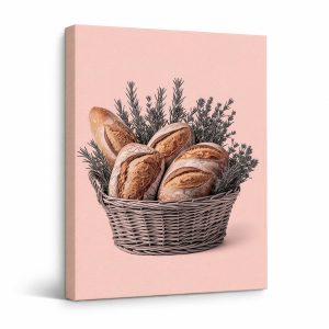 Framed Canvas Wall Art: Rustic Bread & Herbs in Soft Pink Basket