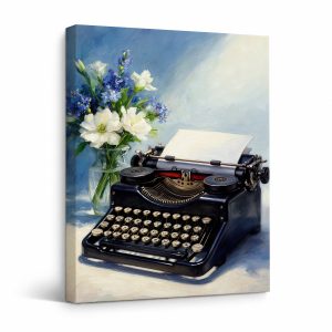 Vintage Typewriter & Floral Bouquet Framed Canvas Wall Art - Ready to Hang