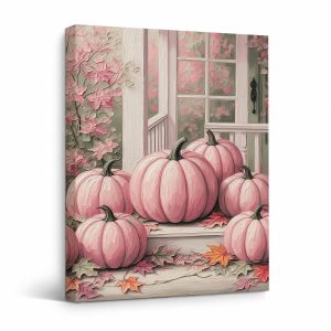 Pink Pumpkin Porch Framed Canvas Wall Art - Autumn Home Decor
