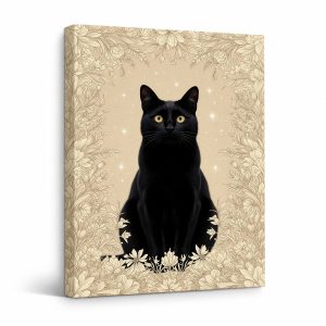 Black Cat & Floral Frame Framed Canvas Wall Art