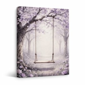 Cherry Blossom Swing Framed Canvas Wall Art - Serene Forest Decor