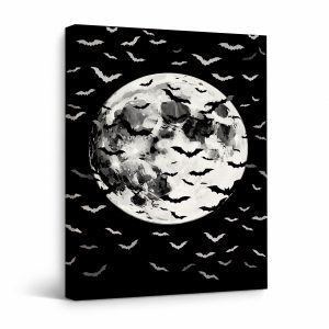 Bats & Full Moon Halloween Framed Canvas Wall Art - Ready to Hang