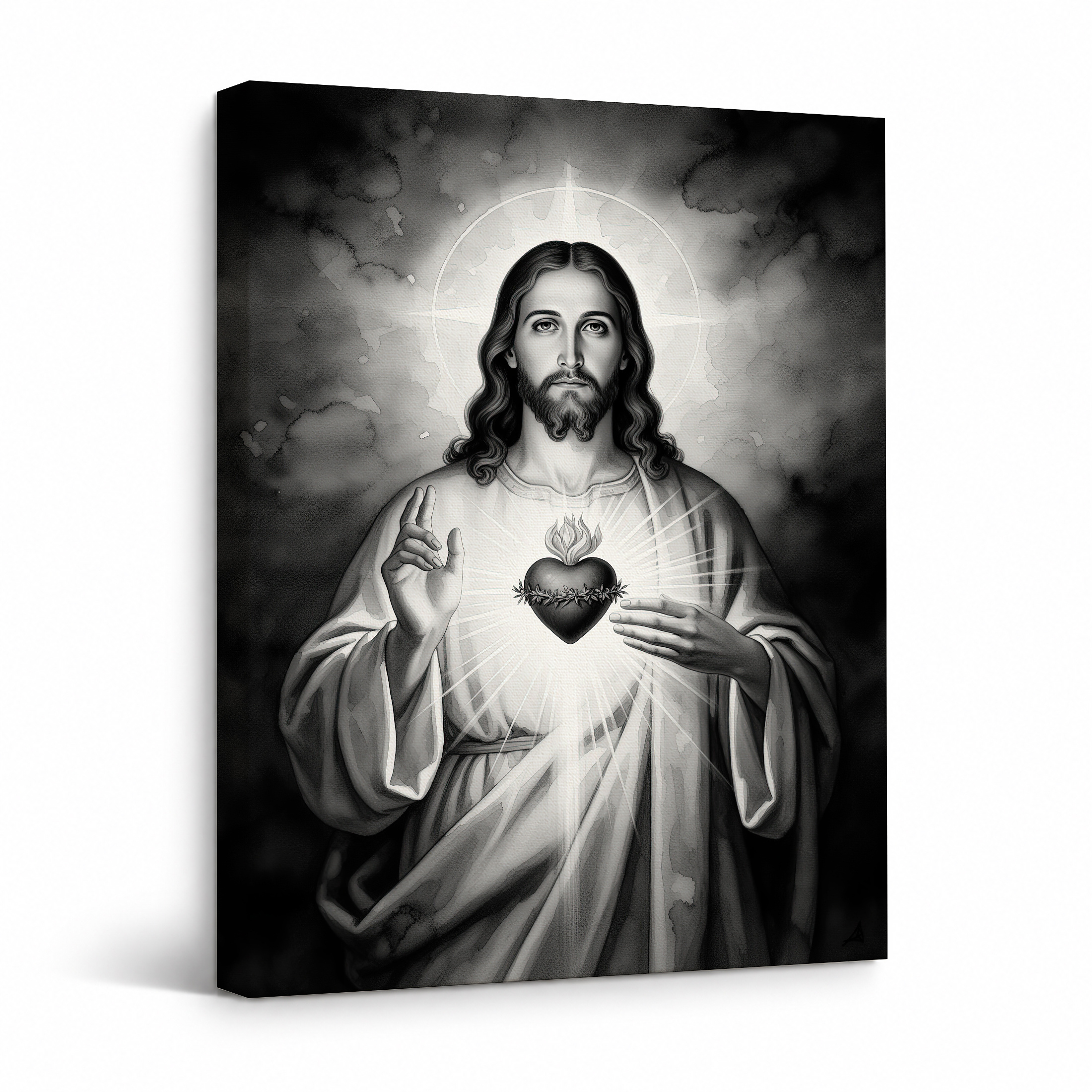 Sacred Heart of Jesus Monochrome Framed Canvas Wall Art