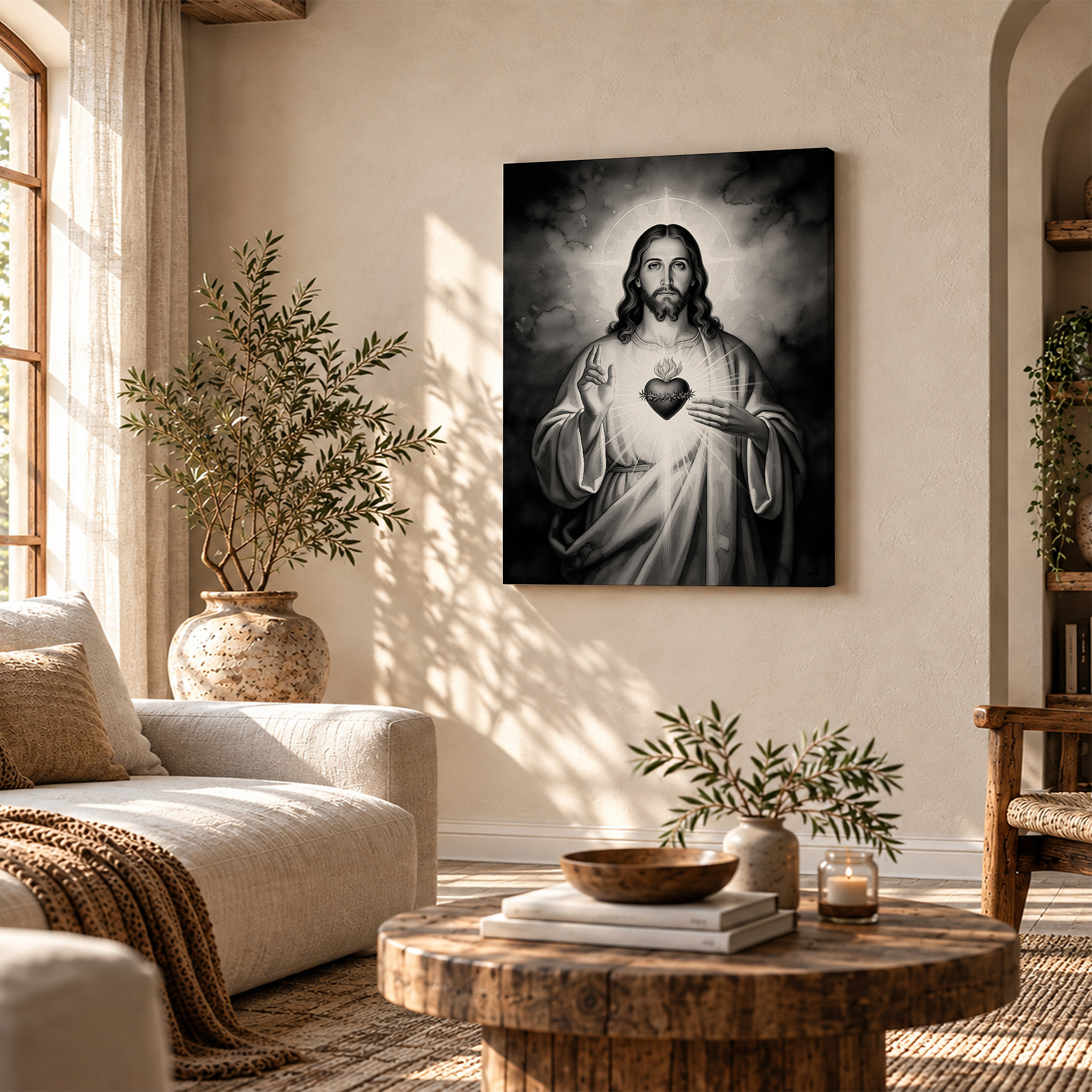 Sacred Heart of Jesus Monochrome Framed Canvas Wall Art - Image 4