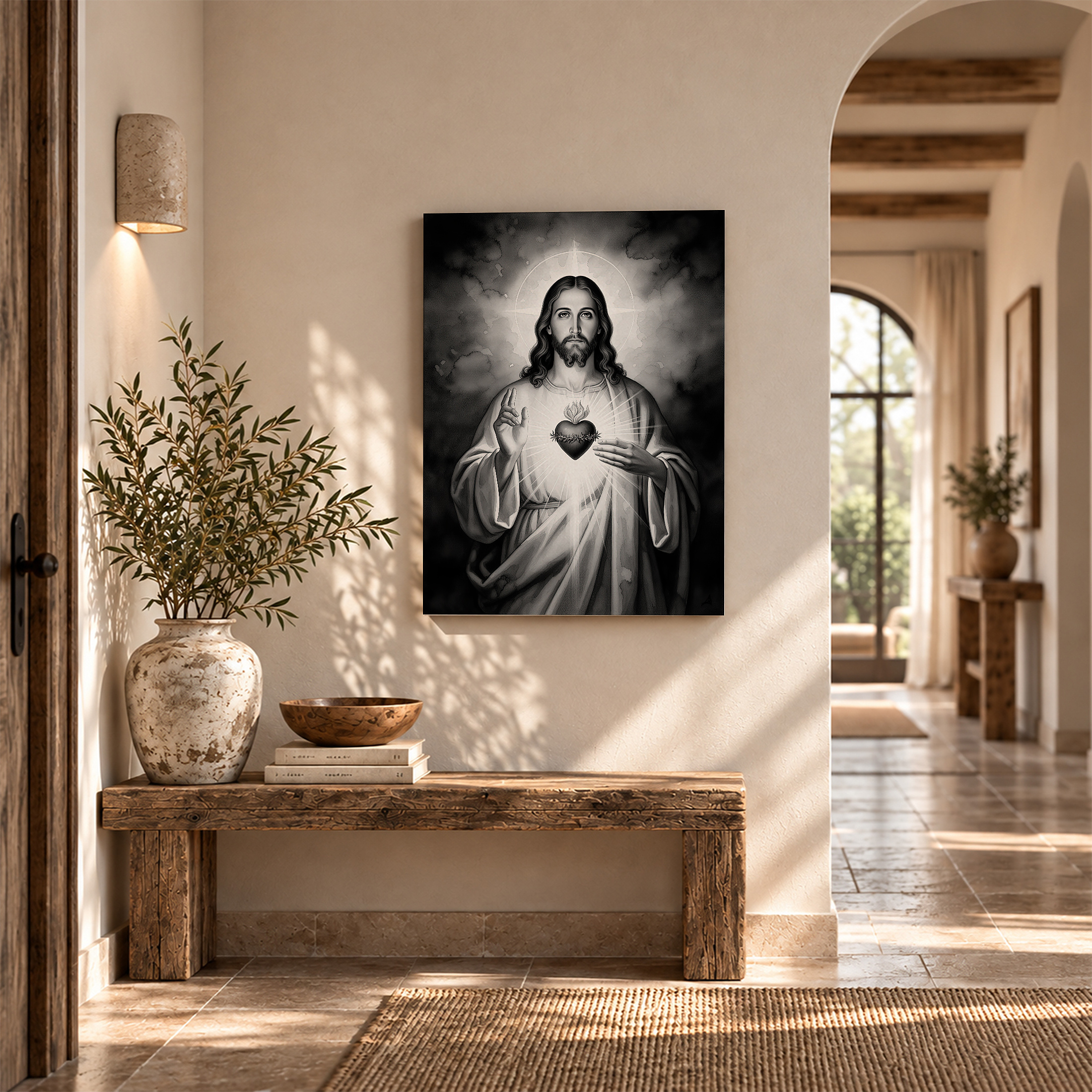 Sacred Heart of Jesus Monochrome Framed Canvas Wall Art - Image 6