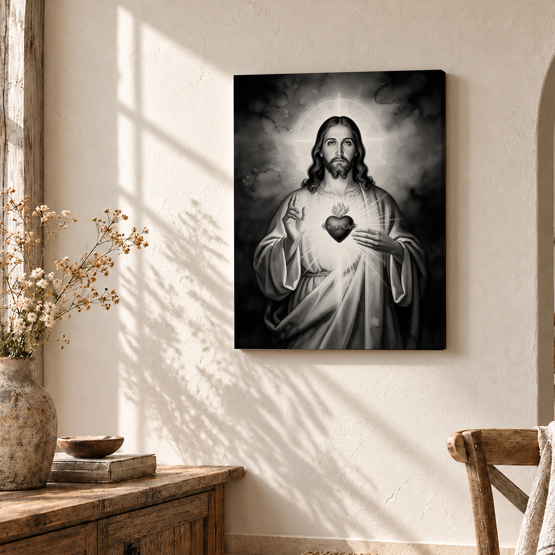 Sacred Heart of Jesus Monochrome Framed Canvas Wall Art - Image 3