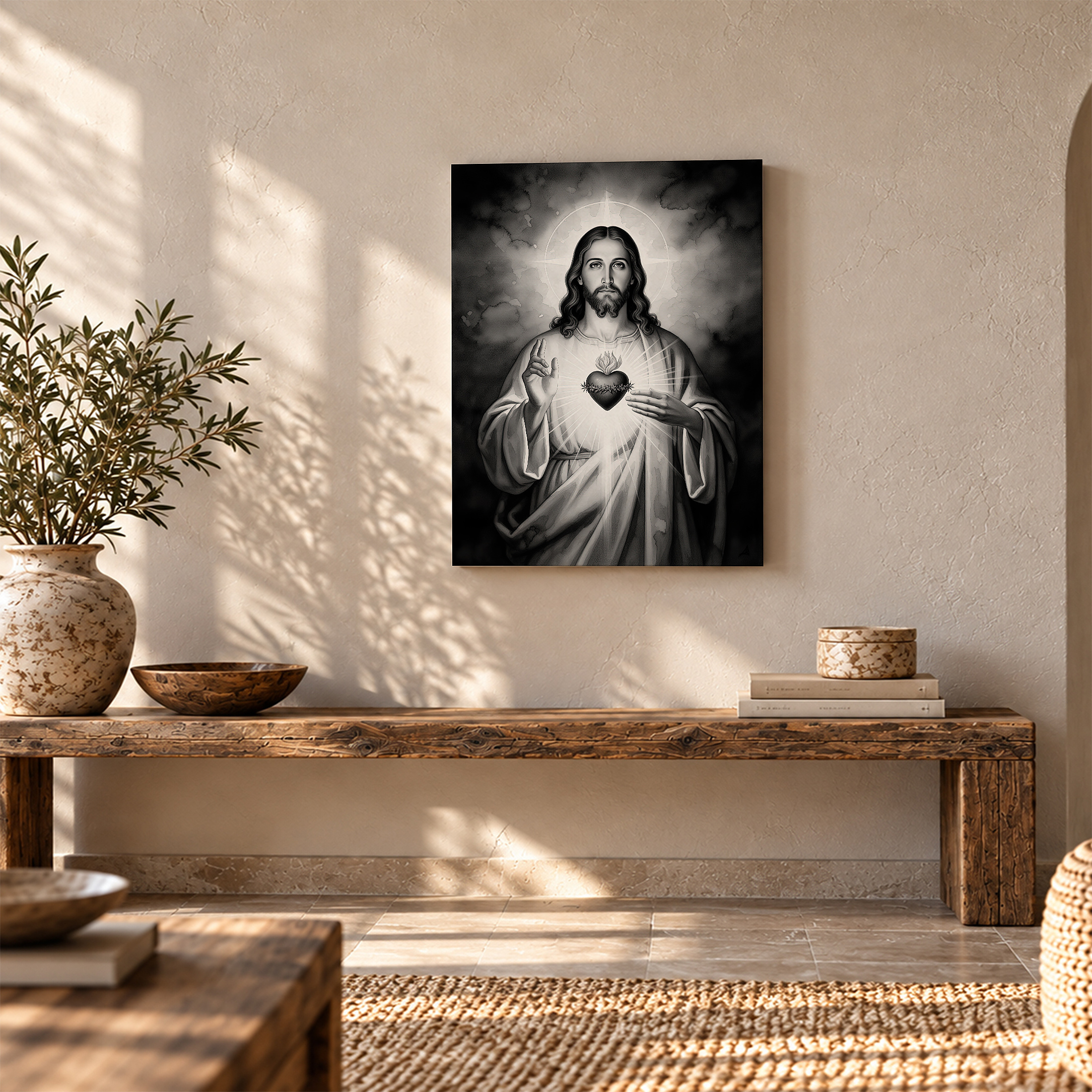 Sacred Heart of Jesus Monochrome Framed Canvas Wall Art - Image 5